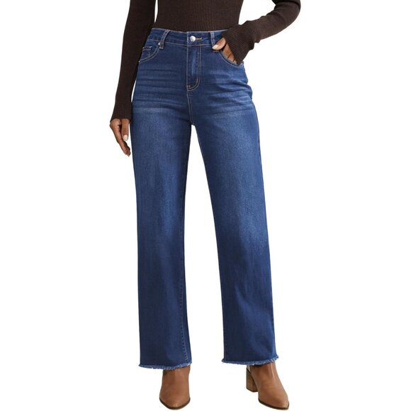 Women’s High Waisted Straight Leg Jeans Frayed Hem Stretchy Denim Casual - Picture 1 of 6